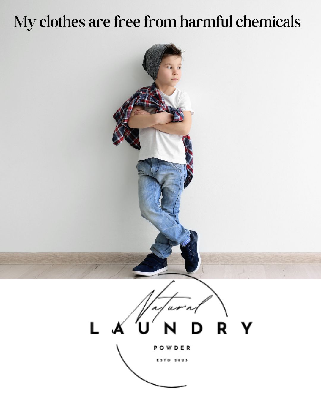 non toxic laundry detergent boy wearing clean clothes with Natural Laundry Powder logo