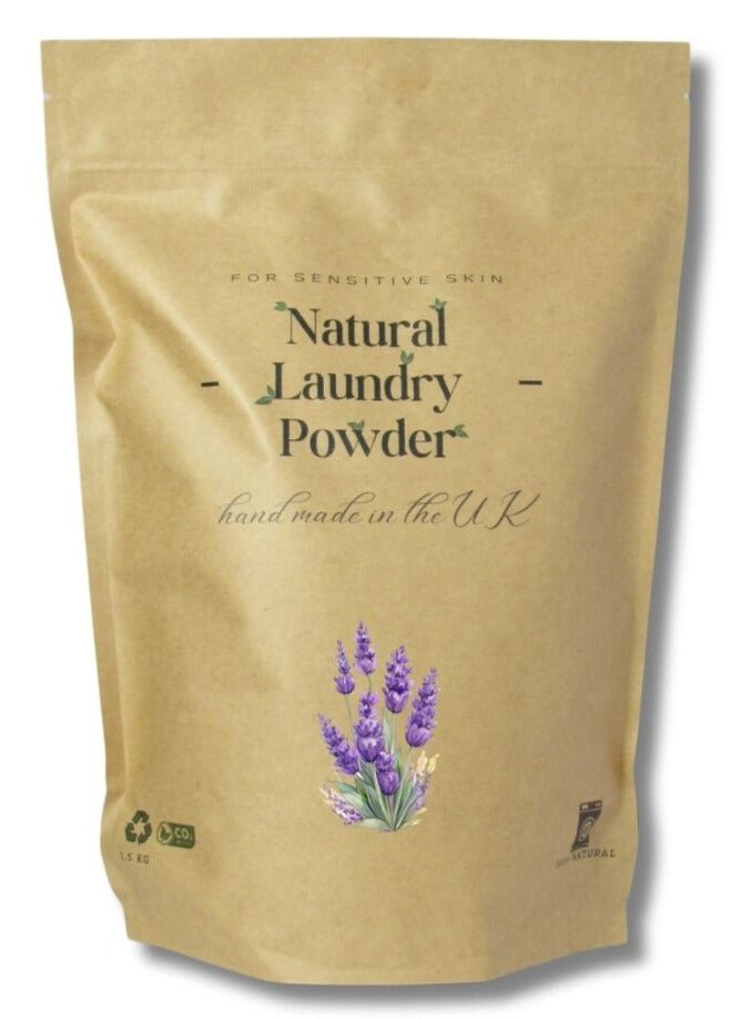 Organic Lavender Natural Laundry Powder - 1.5Kg or 40+ Loads - Main google search image for the front page - Natural Laundry Powder detergent. best washing powder. Eco-friendly and allergy-friendly. This is Natural laundry detergent at it's best.