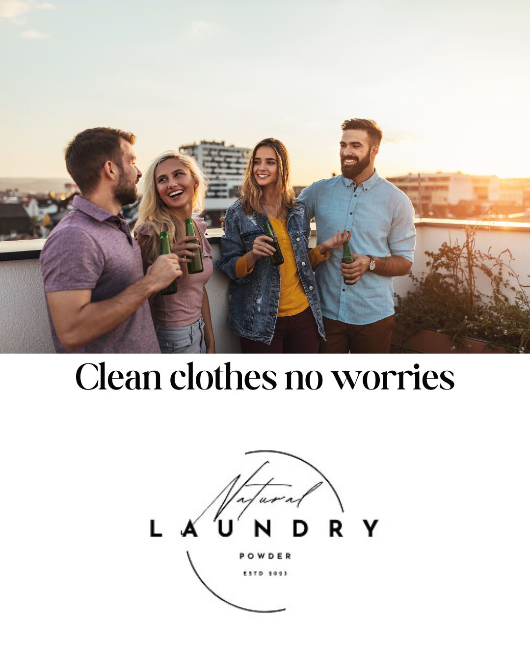 Load video: A bag of Natural Laundry Powder sits beside a washing machine. A hand pours the powder into a detergent drawer, followed by fresh, clean laundry being pulled from the machine. Text on screen: ‘Gentle on skin, tough on stains