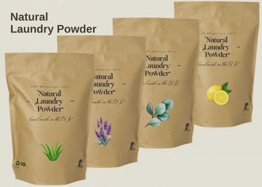 Short video showing the Natural Laundry Powder Mixed Four-Pack: four kraft pouches in Aloe Vera, Lavender, Eucalyptus and Lemon, handmade in the UK for sensitive skin
