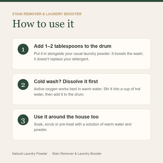 How to use the Stain Remover & Laundry Booster: add 1–2 tablespoons to the drum alongside your laundry powder